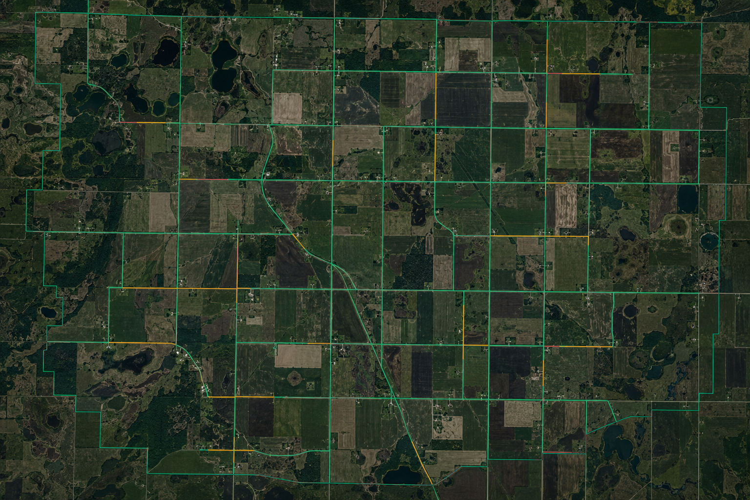 Illustrative satellite map showing prairie roads with completed, in-progress, and restricted spray records